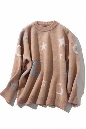Cute Casual Long Sleeve Crew Neck Star Moon Pattern Purl Knit Baggy Pullover Sweater Top for Girls, Blue;pink;white, LM580555 - beautifulhalo.com - imall.com