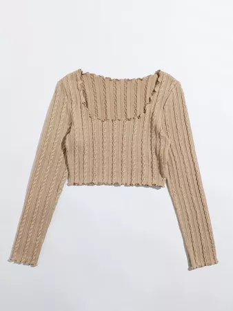 Lettuce Edge Cable Knit Crop Tee | SHEIN USA nude