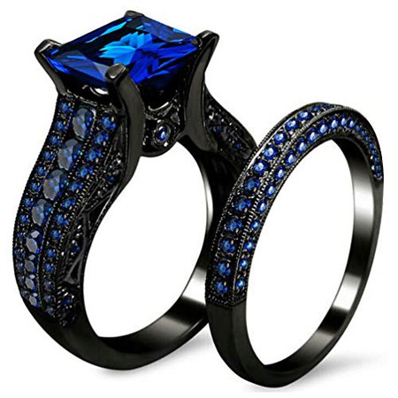 Amazon.com: ZHENYUL 2.0ct Women's Black Gold Blue Sapphire Princess Cut CZ Topaz Anniversary Band Engagement Bridal Wedding Rings Set Jewelry: Jewelry