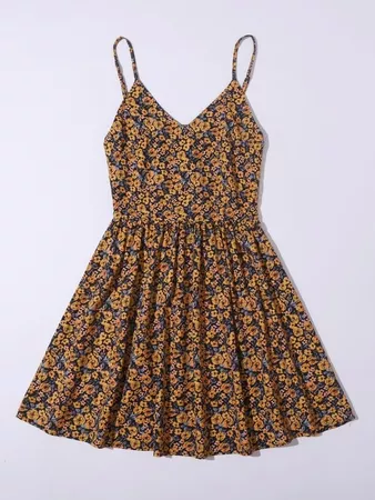 Floral Shirred Back Flowy Cami Dress | SHEIN USA brown