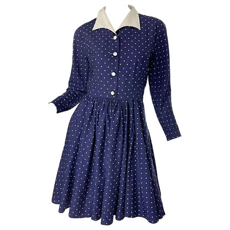 Vintage Valentino 1990s Does 1940s Size 6 navy Blue White Polka Dot 90s Dress For Sale at 1stDibs