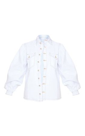Petite White Oversized Balloon Sleeve Denim Shirt | PrettyLittleThing