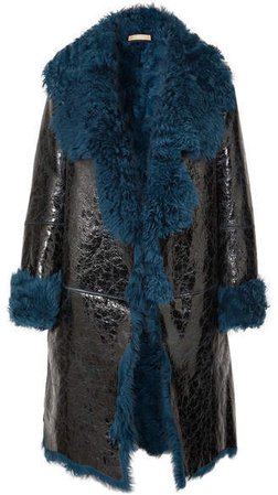 Shearling-lined Glossed Cracked-leather Coat - Blue