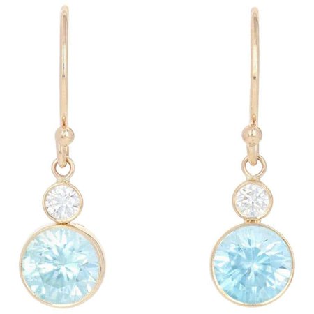 Yellow Gold Blue Zircon and Diamond Earrings, 14k Round 3.32 Carat Custom Dangles For Sale at 1stDibs