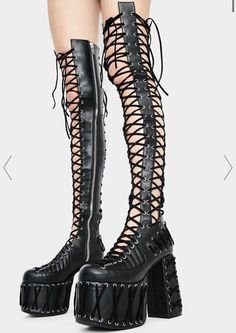 dollskill black leather strap tie up thigh high platform boots
