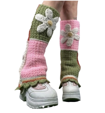 fairycore green pink leg warmers socks crochet flowers