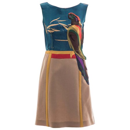 Prada Runway Sleeveless Silk Mohair Dress Applique Parrot Motif, Spring 2005 For Sale at 1stDibs
