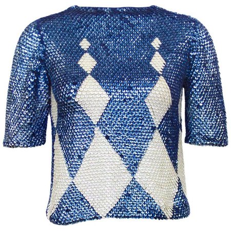 1960s Paillette Navy and Cream Harlequin Argyle Sweater For Sale at 1stdibs