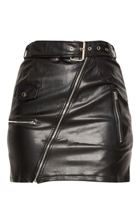 Black Faux Leather Biker Belted Mini Skirt | PrettyLittleThing USA