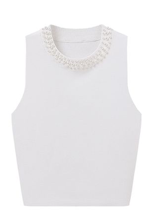 Pearly Neckline Knit Tank Top in White - Retro, Indie and Unique Fashion
