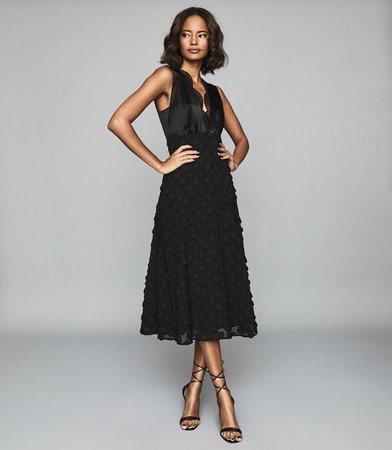 Leni Black Jacquard Spot Midi Dress – REISS