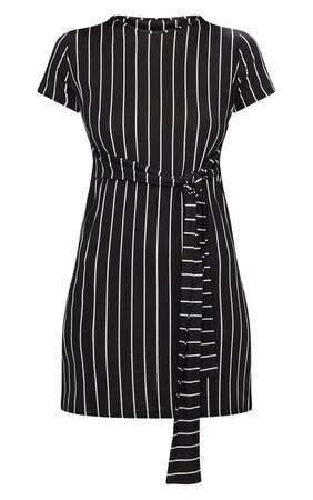 Black Stripe Tie Waist T Shirt Dress | PrettyLittleThing USA