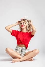 red tee jean shorts photoshoot - Google Search