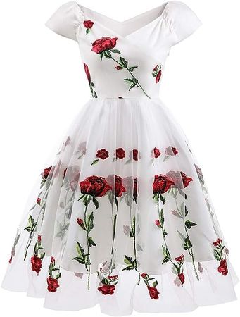 Amazon.com: Women 1950s Vintage Pinup Audrey Hepburn Rockabilly Swing Off Shoulder Rose Floral Cocktail Party Dress #B: White S : Clothing, Shoes & Jewelry