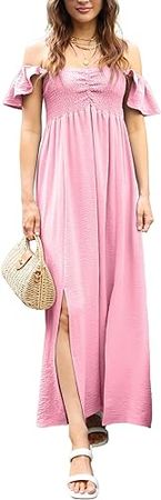 Amazon.com: Anna-Kaci Women's Flutter Cap Sleeve Shirred Smocked Bodice Maxi Dress with Front Slits : Clothing, Shoes & Jewelry