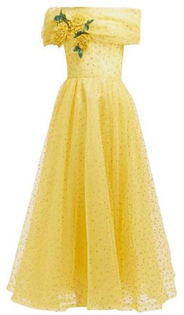 Floral Applique Polka Dot Tulle Gown - Womens - Yellow Multi