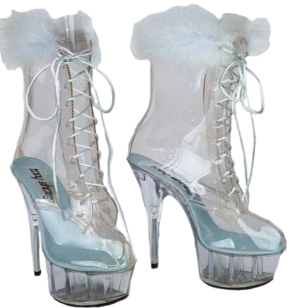 clear pleaser boots with white feathers