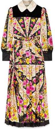 Velvet-trimmed Pleated Floral-print Silk-twill Maxi Dress - Pink