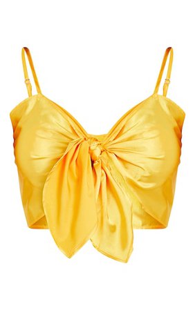 Chrissy Yellow Satin Bow Tie Crop Top | Tops | | PrettyLittleThing USA