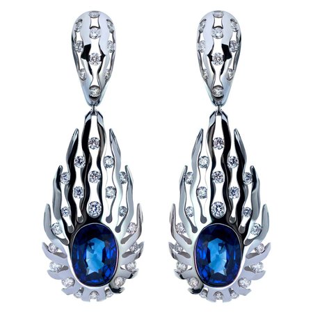 GRS Certified 8.03 Carat Blue Sapphire Diamonds 18 Karat White Gold Earrings For Sale at 1stDibs