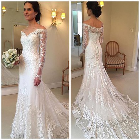 2018 Gorgeous Lace Long Sleeve Mermaid Wedding Dresses Dubai African Style Petite Off Shoulder Button Back Train Bridal Gowns Sexy Lace Wedding Dress Wedding Dress Ball Gown From Officesupply, $158.39| DHgate.Com
