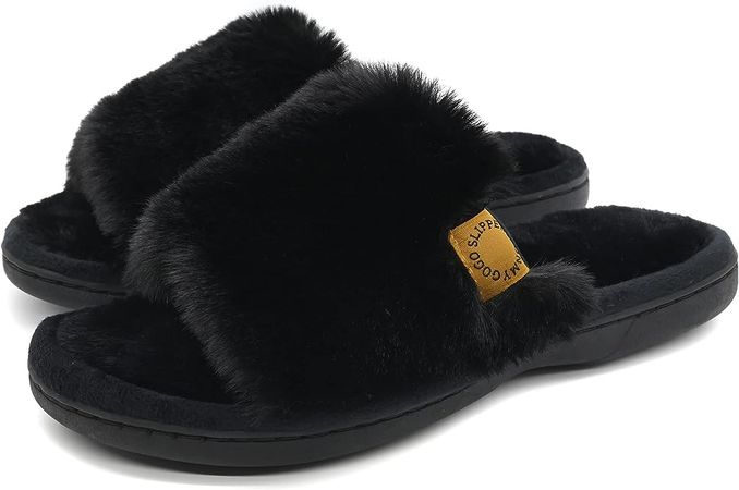 Amazon.com | Onmygogo Rabbit hair Indoor Slippers for Women Open Toe with Memory Foam, Soft Faux Fur Nonslip House Slippers(Raven,M) | Slippers