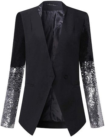 Auxo Women's Blazer Jacket Sparkle Sequin Button Long Sleeve Patchwork Suit Top Coat Black US 6/Asian M at Amazon Women’s Clothing store