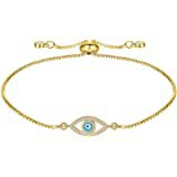 Amazon.com: 18k Yellow Gold Plated Sterling Silver Turquoise, Created Blue Sapphire, and Diamond Accent Evil Eye Bolo Bracelet, 9": Clothing