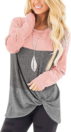 Womens Tunic Tops Casual Solid Color Round Neck Fall Sweaters Pink M at Amazon Women’s Clothing store