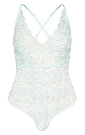 Mint Sheer Lace Cross Back Bodysuit | Tops | PrettyLittleThing