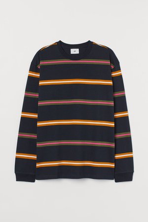 Long-sleeved jersey top - Dark blue/Orange striped - Men | H&M GB