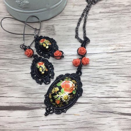 Black Floral Cameo Necklace Pendant Floral Goth Style | Etsy