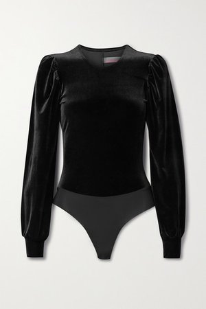 Velvet And Stretch-jersey Thong Bodysuit - Black