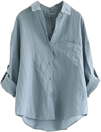 Minibee Women's Linen Blouse High Low Shirt Roll-Up Sleeve Tops Blue M at Amazon Women’s Clothing store