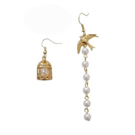 bird in a cage asymmetrical gold pearl earrings