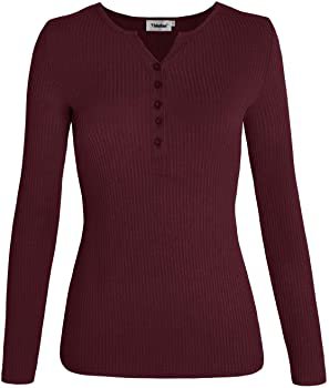 Yidarton Women Henley Shirts Long Sleeve Casual V Neck Button Tops Elasticity Knit Slim at Amazon Women’s Clothing store