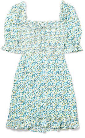 Donna Shirred Floral-print Crepe Mini Dress - Sky blue