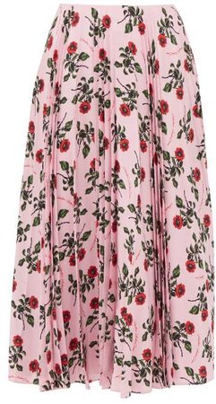 Rose Printed Pleated Silk Midi Skirt - Womens - Pink