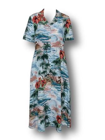 Valentino Pale Blue Hawaiian Landscape Print Silk Shirt Dress