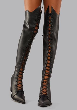 Widow Pointed Lace Up Thigh High Boots - Black – Dolls Kill