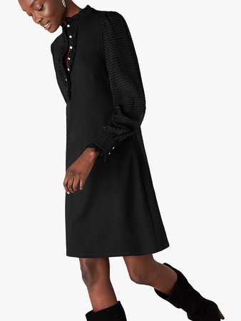 Monsoon Ponte Ruffle Detail Dress, Black at John Lewis & Partners
