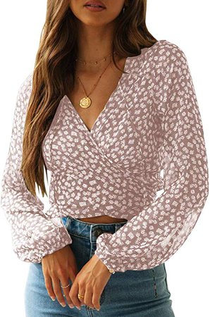 Valphsio Womens V Neck Wrap Front Blouse Floral Print Puffy Sleeves Knot Back Cardigan Top at Amazon Women’s Clothing store