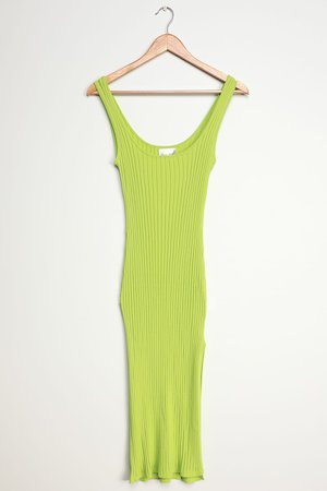 Line and Dot Olson - Ribbed Knit Dress - Neon Green Midi Dress