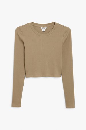 Ribbed long-sleeve top - Taupe - Cropped tops - Monki WW