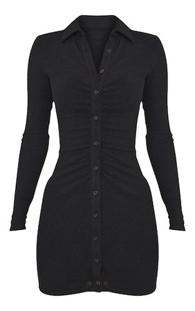 Black Brushed Rib Long Sleeve Ruched Shirt Dress | PrettyLittleThing