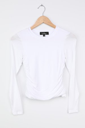 White Long Sleeve Top - Ruched Side Top - Gathered Top - Lulus