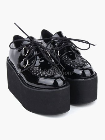 Lolitashow Lovely Black Round Toe PU Leather Street Wear Platform Lolita Shoes - Lolitashow.com