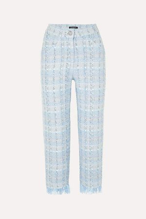Cropped Metallic Tweed Straight-leg Pants - Blue