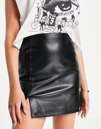 Miss Selfridge faux leather mini skirt with side slit in black | ASOS