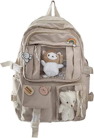 Amazon.com: Kawaii Backpack with Bear Pendant, Back to School Supplies, Japanese Cute Pins Large Capacity Canvas Laptop Schoolbag (Khaki) : Electronics